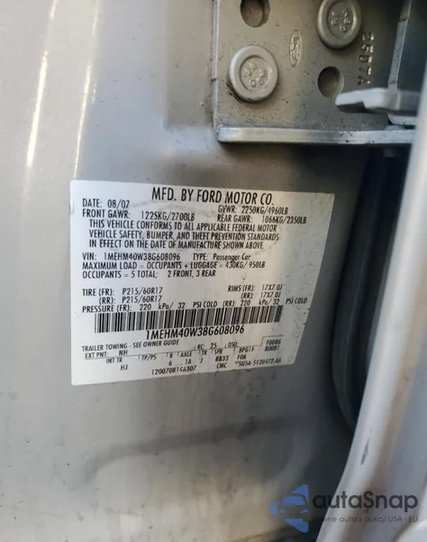 2008 Mercury Sable Luxury from USA, damaged, VIN 1MEHM40W38G608096